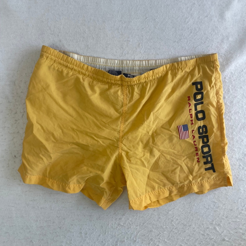 Polo Sport Swim Trunks Mens Large Yellow Nylon Mesh Lined Graphic Logo